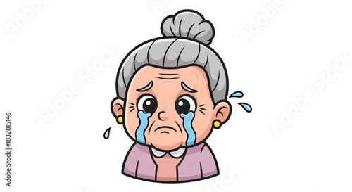 Cartoon depiction of a distressed elderly woman, displaying sadness through tears and facial