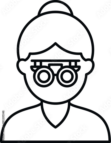 Woman's face wearing equipment for an eye exam, representing optometry and healthcare