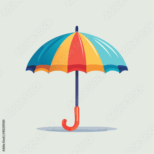 Colorful Open Umbrella With Blue Yellow Red Panels And Orange Handle On Light Gray Background With Shadow And Sunlight Reflection