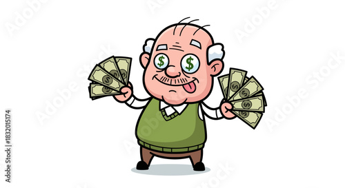 Cartoon depiction of an elderly man with money eyes illustrating financial success or greed