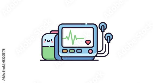 Cartoon EKG Machine with Smiling Companion offers whimsical health depiction