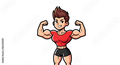 Cartoon empowered woman flexing strong biceps showcasing fitness and body positivity