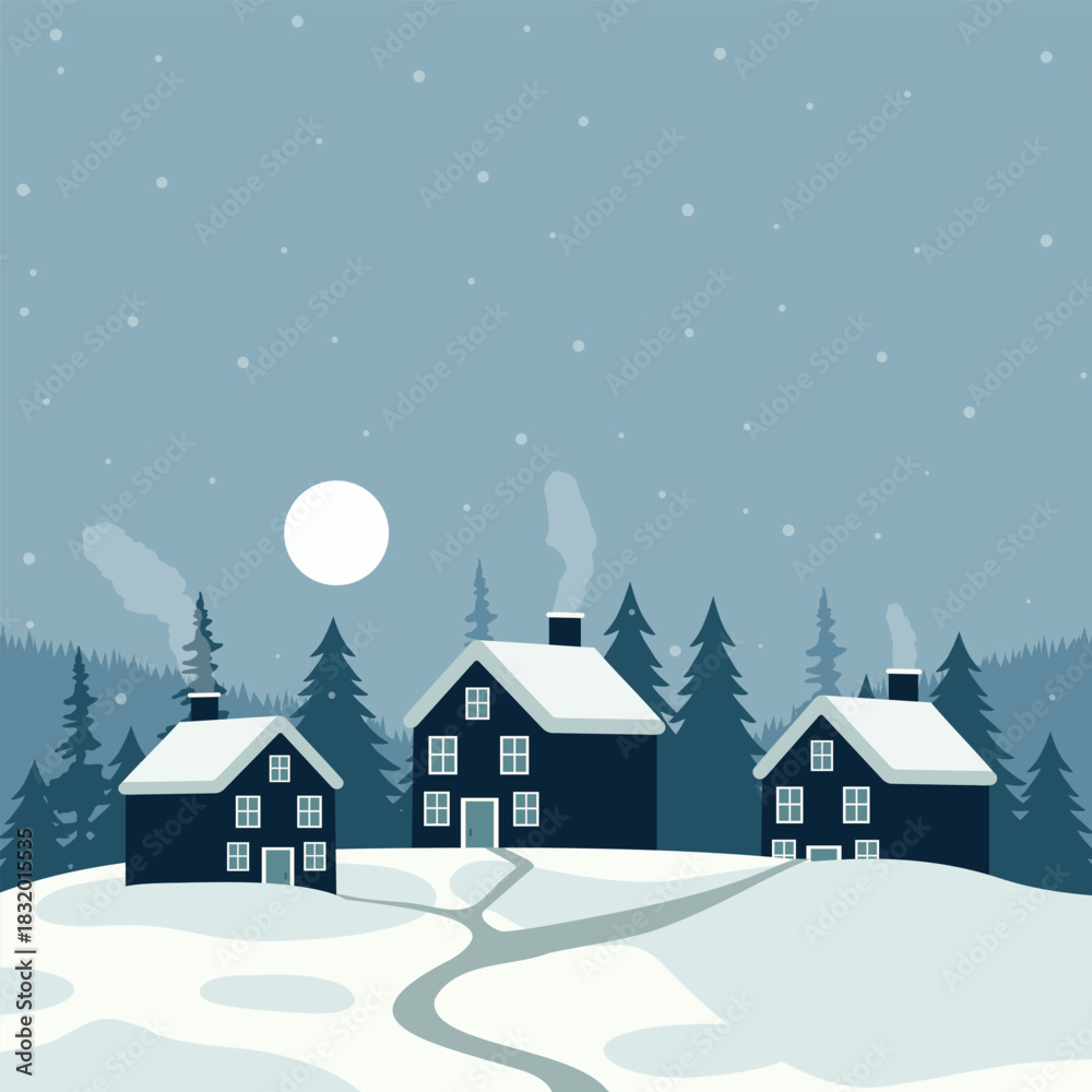 Fototapeta premium Winter Christmas village with houses against a backdrop of a winter night, snow, moonlight. Flat vector illustration in blue, gray tones. Perfect for Christmas cards, winter New Year's designs