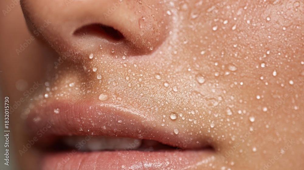 Fototapeta premium Close up of a human face with sweat beads on skin highlighting texture and moisture