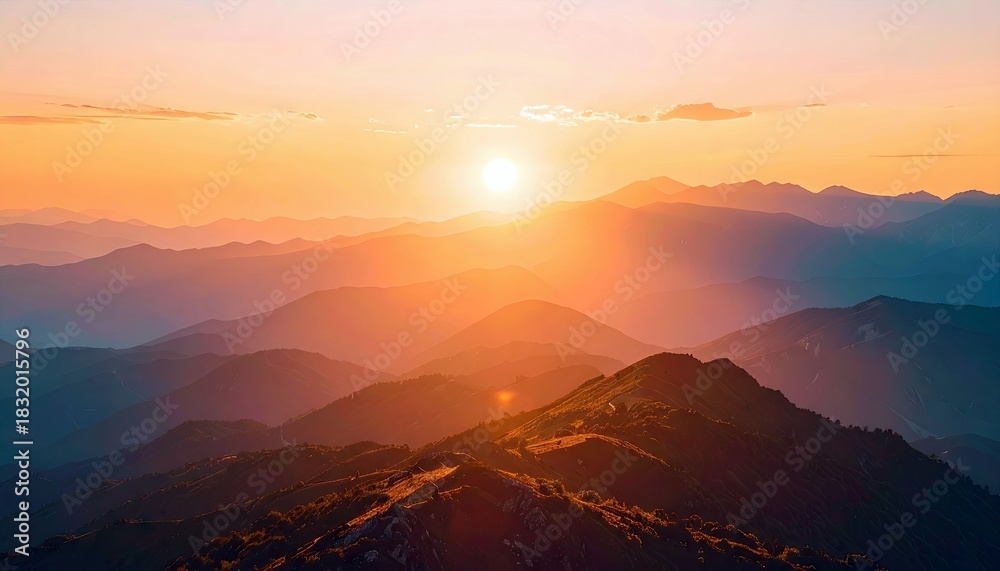 Obraz premium A scenic view of a mountain range at sunset, bathed in warm, golden light. The sun is setting in the distance, creating a beautiful and peaceful landscape.