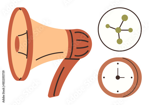 Megaphone beside clock and abstract network structure highlights connectivity, time efficiency, and communication strategies. Ideal for marketing, teamwork, social networking, productivity, project