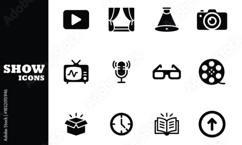 Collection of black entertainment and media icons on white background symbol video
