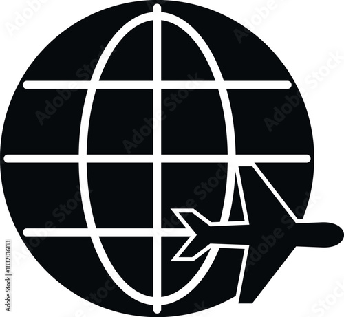 Airplane flying around a globe icon, representing international travel and global transportation