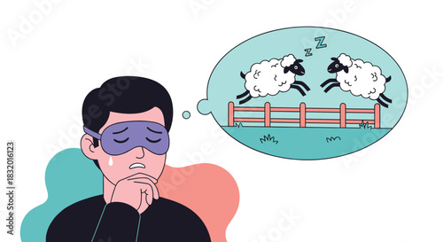 Man with insomnia wearing a sleep mask and trying to fall asleep by counting sheep jumping over a fence in his thoughts.
