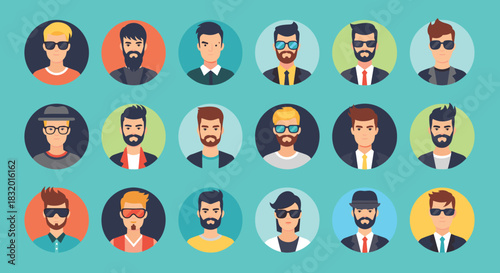 Set of diverse male character avatars in a flat design style with different hairstyles beards and sunglasses for profiles.