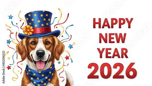 Festive Dog Wishes Happy New Year 2026 With Party Hat