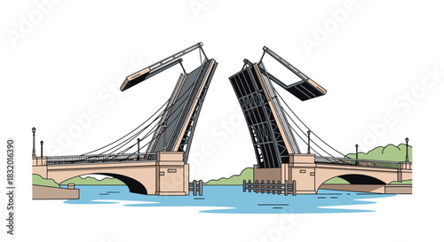 Vector illustration of a bascule or drawbridge opening up to allow boat traffic to pass on the river below the city.