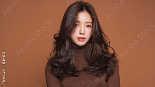 A young Korean woman with long voluminous dark brown hair and soft makeup gazes forward