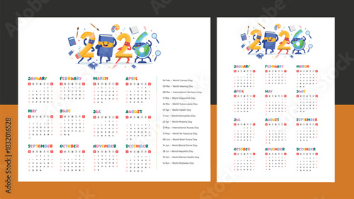 Colorful 2026 calendar with cute school-themed cartoon characters in a fun education style.