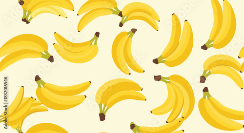Seamless background pattern with many bunches of fresh yellow bananas scattered on a light cream colored surface design.