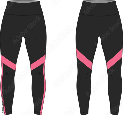 Athletic leggings front and back view, black with pink stripes, fashion sketch, sportswear design, vector illustration, apparel