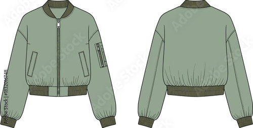 Bomber jacket front and back view, zip-up design, utility pocket, ribbed trim, fashion sketch, CAD streetwear flat vector illustration
