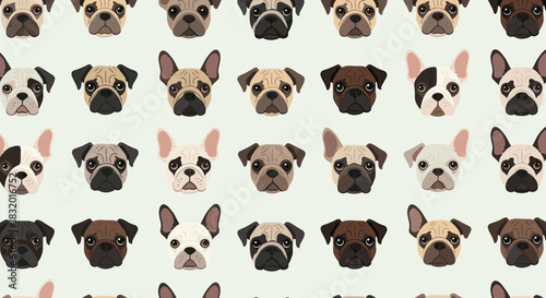 Seamless wallpaper pattern with a grid of cute cartoon pug and French bulldog faces in various different colors and styles.