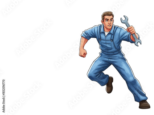 Cartoon Mechanic Running with Wrench Ready to Work.