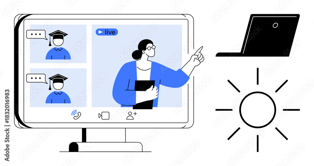 Naklejka premium Teacher instructing students in live online class on monitor screen, with laptop and sun suggesting remote learning. Ideal for education, e-learning, tutoring, webinars, teaching, remote work