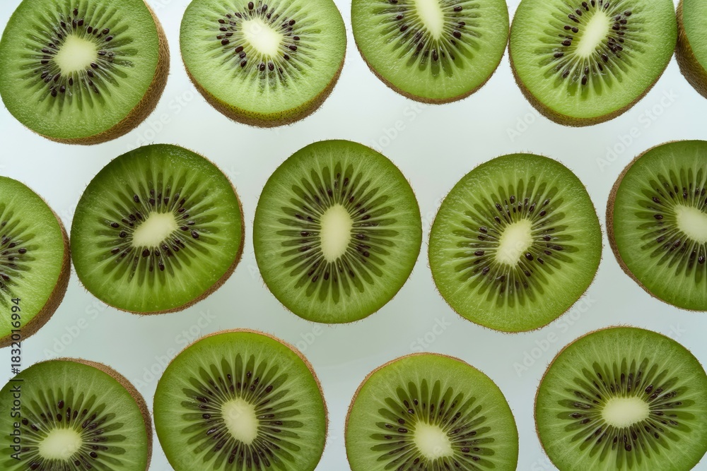 Fototapeta premium Freshly sliced kiwi fruit pattern isolated on white background