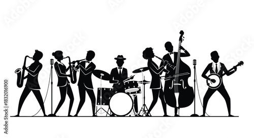 Black and white silhouette of a classic jazz band with musicians playing saxophone drums guitar and other instruments.