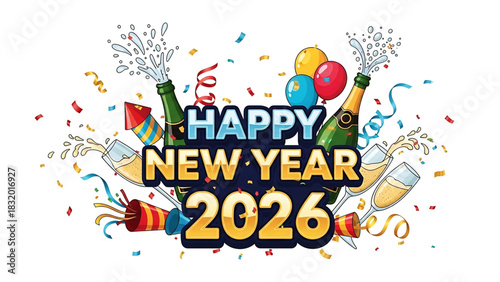 Cheerful Happy New Year 2026 Celebration Vector Illustration Graphic Design