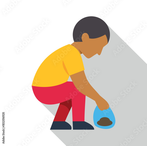 Person responsibly cleaning up pet waste from the street using a disposal bag