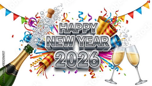 Celebrating New Year 2026 with Festive Decoration and Toasting Champagne Glasses