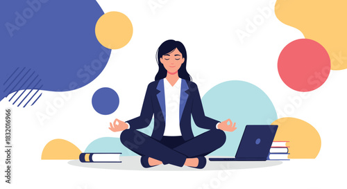 Businesswoman meditating in a calm lotus pose at her workspace with a laptop to manage stress and improve mindfulness.