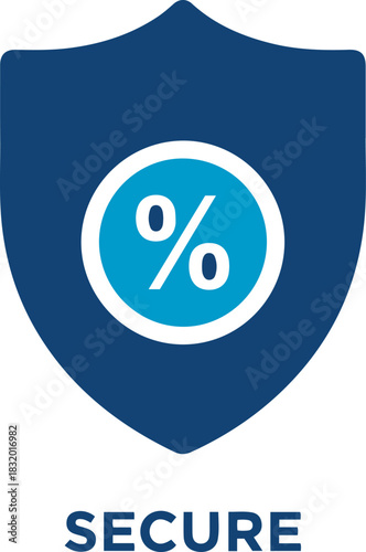 Credit and mortgage icon vector a blue shield with a percentage sign inside a circle and the word secure below the shield image