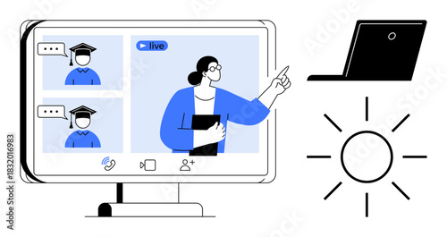 Teacher instructing students in live online class on monitor screen, with laptop and sun suggesting remote learning. Ideal for education, e-learning, tutoring, webinars, teaching, remote work