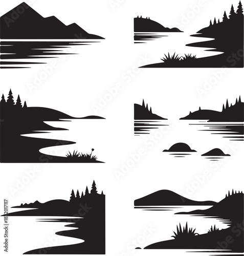 Lake Shore Silhouette – Vector Forest Edge, Trees, Rocks, Water, Nature Landscape, Solid Black Design”