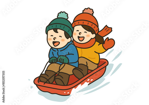 楽しそうにそり滑りをする子供たちのイラスト Chrildren Sledding