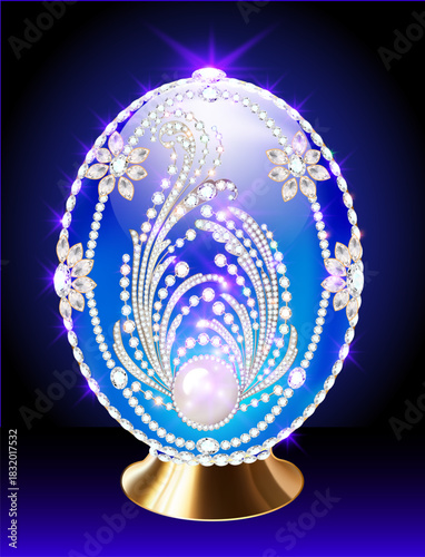 Illustration  Luxurious  egg with gemstones and pearls in blue and gold colors against a dark background