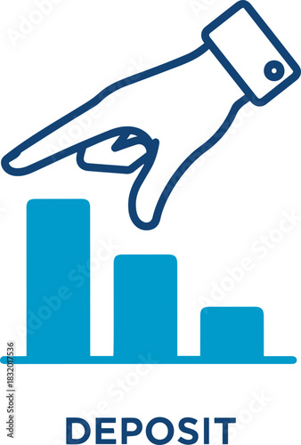 Credit and mortgage icon vector hand pointing to a decreasing blue bar graph representing deposit decline or financial downturn trend line