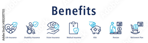 Benefits  Web Banner Duotone Outline icon vector illustration concept with icon of life insurance, disability insurance, vision insurance, medical insurance, hsa, pension and retirement plan