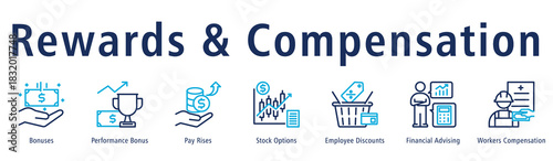 Rewards & Compensation Web Banner Duotone Outline icon vector illustration concept with icon of bonuses, performance bonus, pay rises, stock options, employee discounts and financial advising