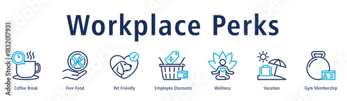Workplace Perks Web Banner Duotone Outline icon vector illustration concept with icon of coffee break, free food, pet friendly, employee discounts, wellness, vacation and gym membership