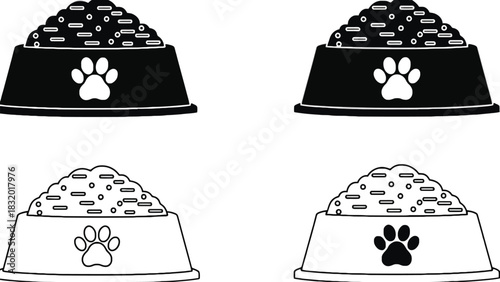 Four bowls of pet food with paw prints in black and white outline