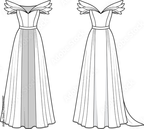 Formal gown front and back view, off-shoulder design, fashion sketch, elegant silhouette, layered sleeves, vector apparel illustration