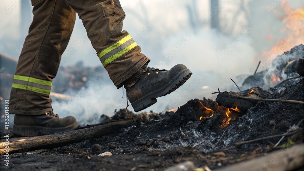 Fototapeta premium Firefighter steps carefully through the aftermath of a fire in protective gear and boots amidst smoke and flames showing bravery and resilience