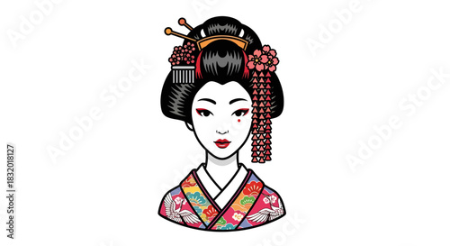 Elegant Geisha Portrait with Traditional Hairstyle and Kimono Illustration