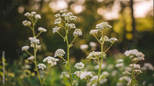 valerian. White valerian flowers swaying softly during golden hour in a botanical setting. gardening catalogs, home-decor guides, designed for home decor and floral branding, promotes healthy living.