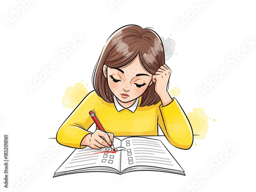 Focused Woman Completing Checklist with Pen.