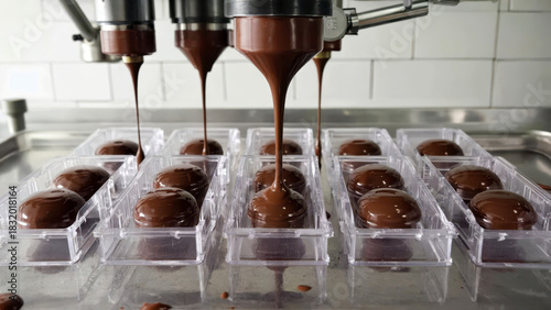 Tempered chocolate is poured from a nozzle into transparent molds, creating perfect shapes. The workspace features clean surfaces and vibrating tables for even distribution