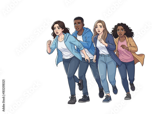 Group of Diverse Young Adults Running in Fear.