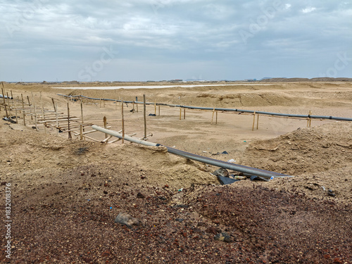 Landscape of electricity line destroyed by a hurricane at Afdera in Ethiopia