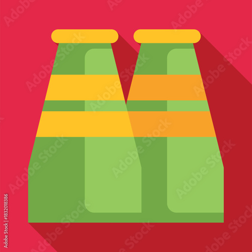 Two green glass bottles of soda or beer with orange labels on a red background