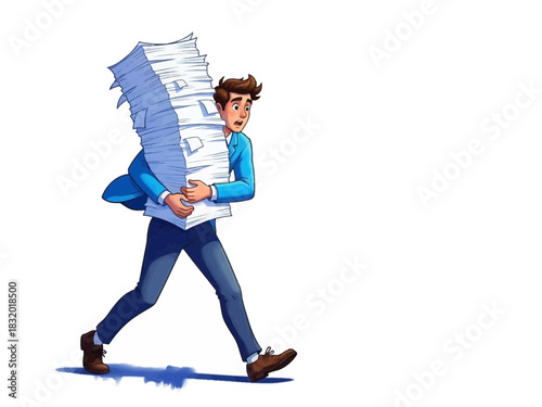 Man Carrying a Large Stack of Papers with a Worried Expression.